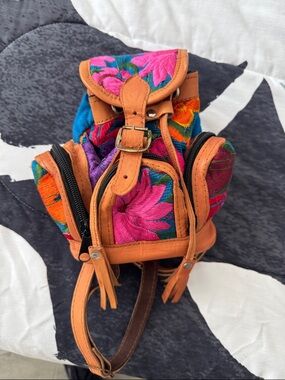 Vintage Embroidered Floral Mini Backpack - Pink & Multicolor
